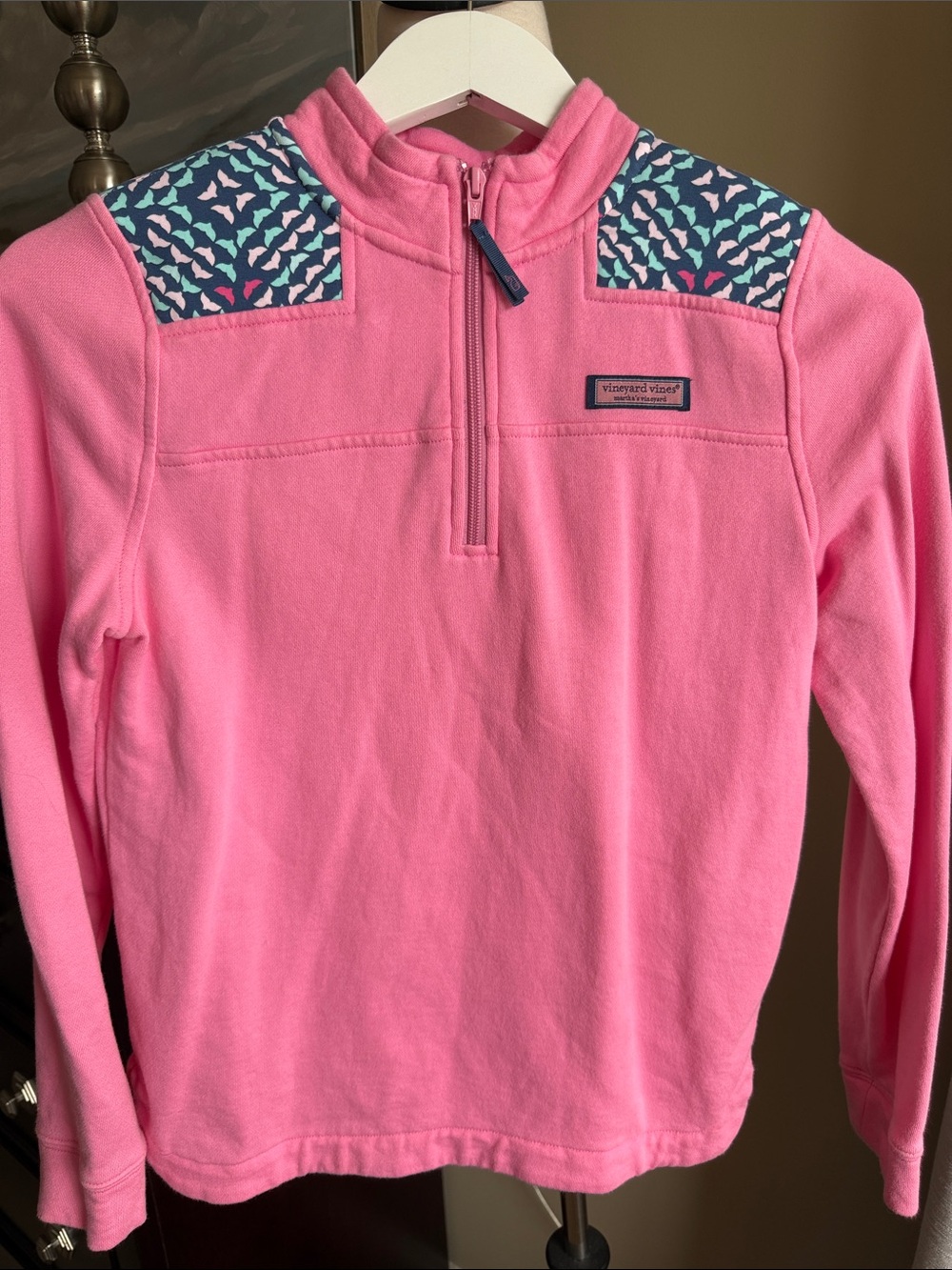 Vineyard Vines Pink Fleece Quarter-Zip with Patterned Shoulder Panels Large
